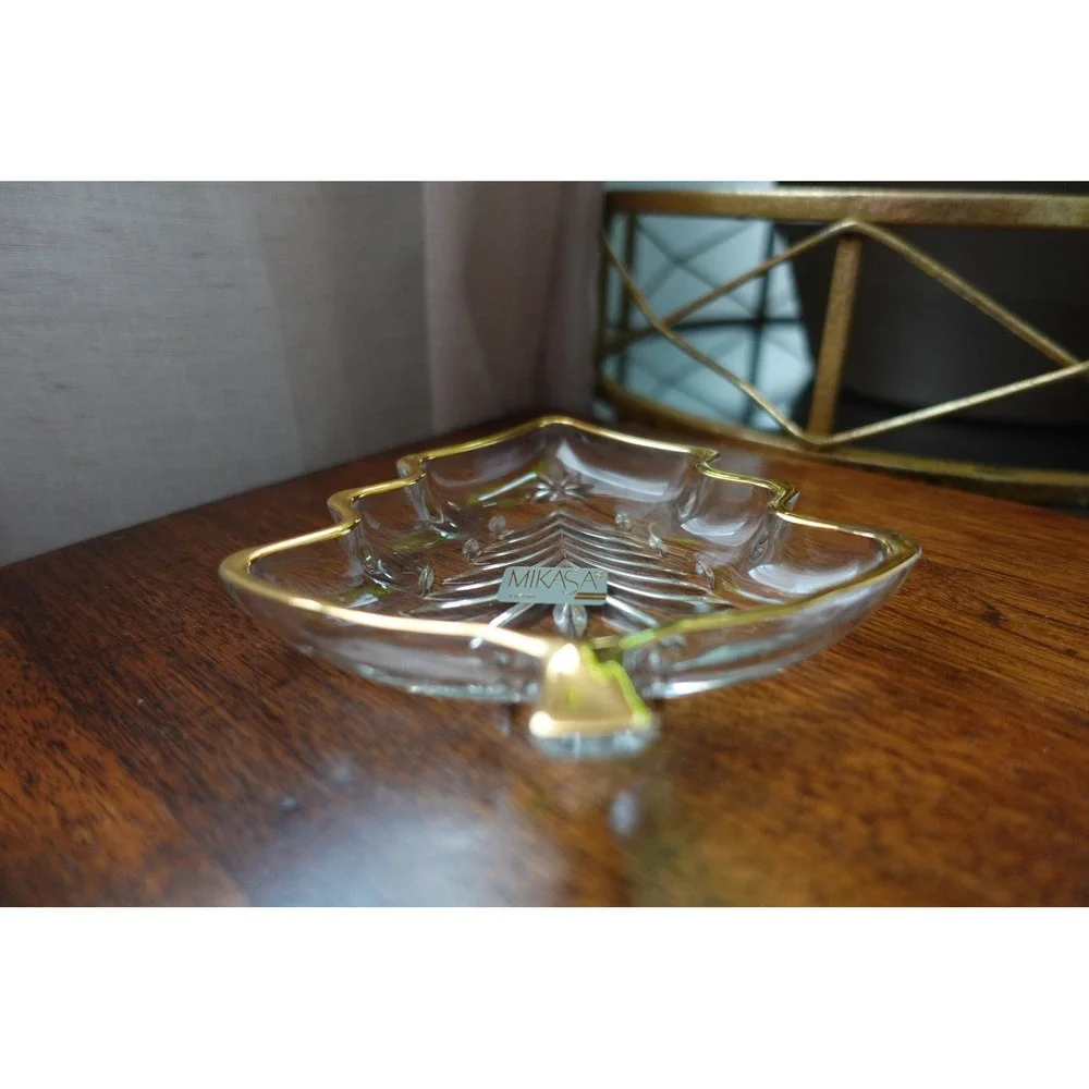 Vintage MIKASA Japan clear with gold trim Christmas tree‎ trinket dish